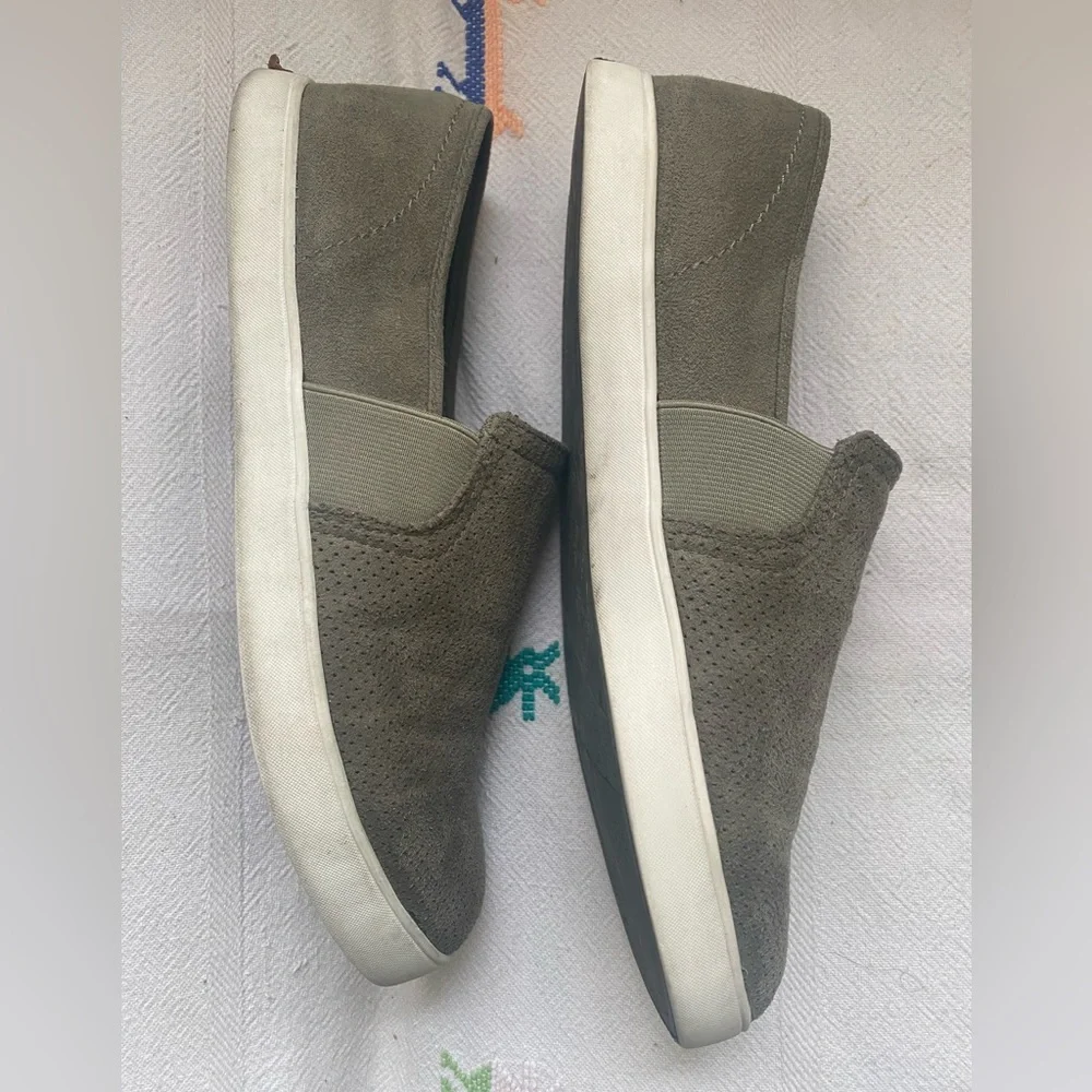 Dr Scholls sage green perforated suede leather slip ons, Size 8.5